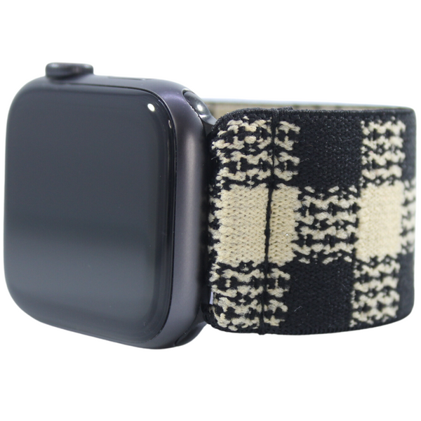 Extra Wide Tan and Black Buffalo Plaid Elastic Watch Band
